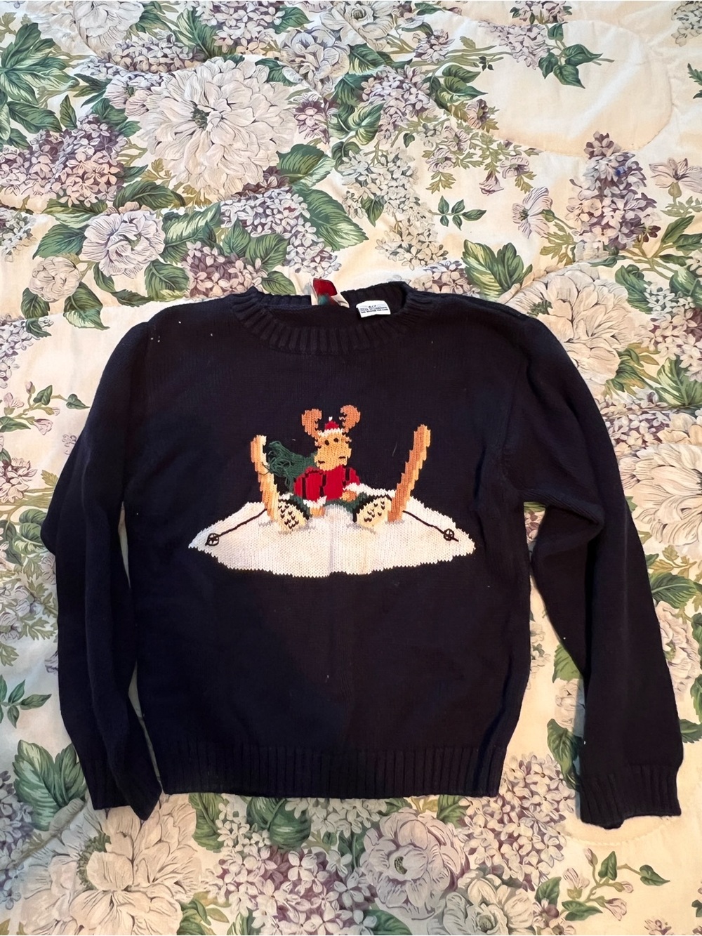 Vintage Talbots Kids Hand Knit Navy Sweater Christmas Reindeer Ski Sz 6/7